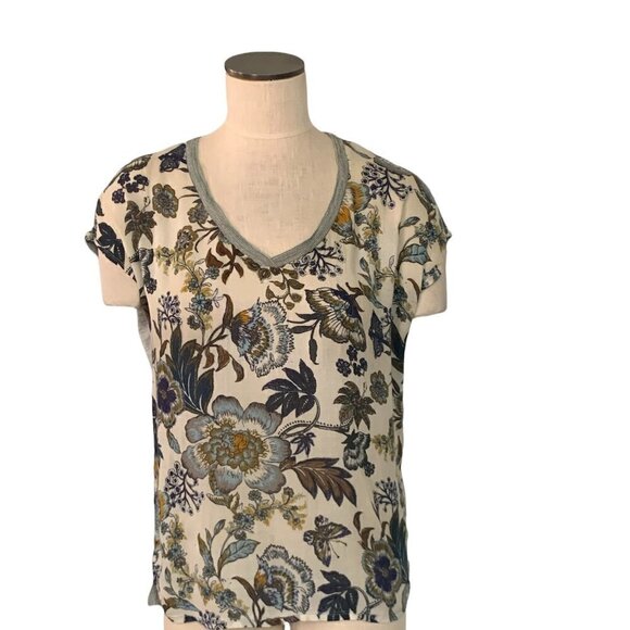 Promod M/L BOHO Colorful Floral Botanical Top Silver Textured Neck Trim 9J - Picture 2 of 7